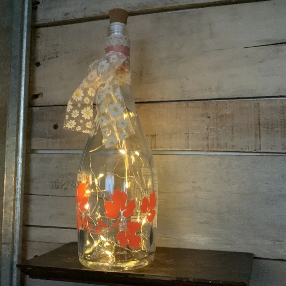 Hand Crafted wine Bottle Lantern with painted Orange Floral Design